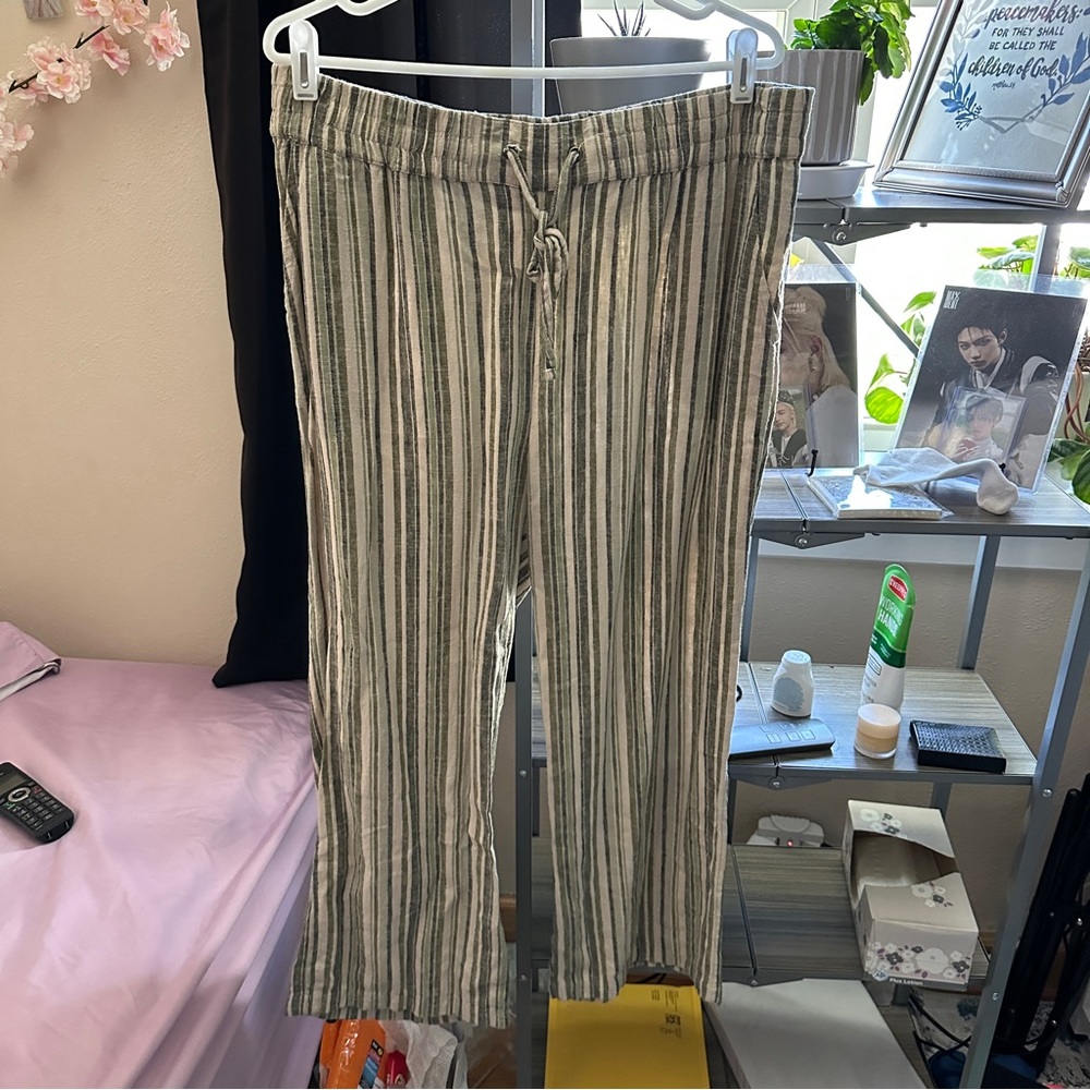 Denim & Company Naturals Linen Blend Full Length Pants in Olive Multi